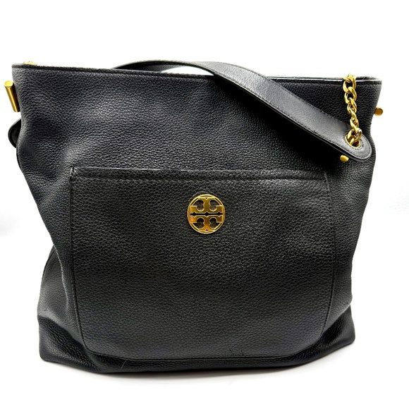 Tory Burch Amanda Slouchy Tote Black Pebbled Leather Shoulder Bag Gold Logo - Picture 1 of 9